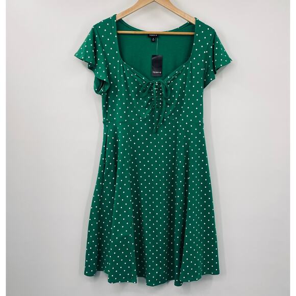 Torrid Polka Dot Mini Dress Bow Front Fit & Flare Jersey Knit Green White NEW 12 - Picture 2 of 10